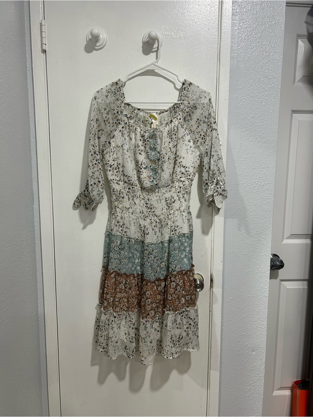 fig and flower Cream Floral Tiered Midi Dress with Blue & Brown Panels